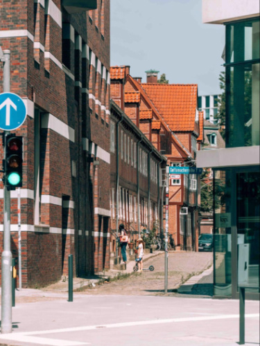 The brick walled buildings in the area of Brahms Kontor