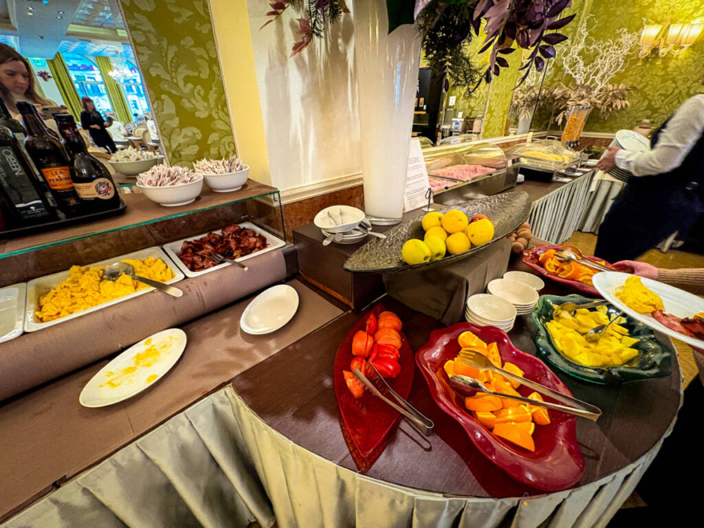 Different kinds of foods at the breakfast buffet in Hotel Principe