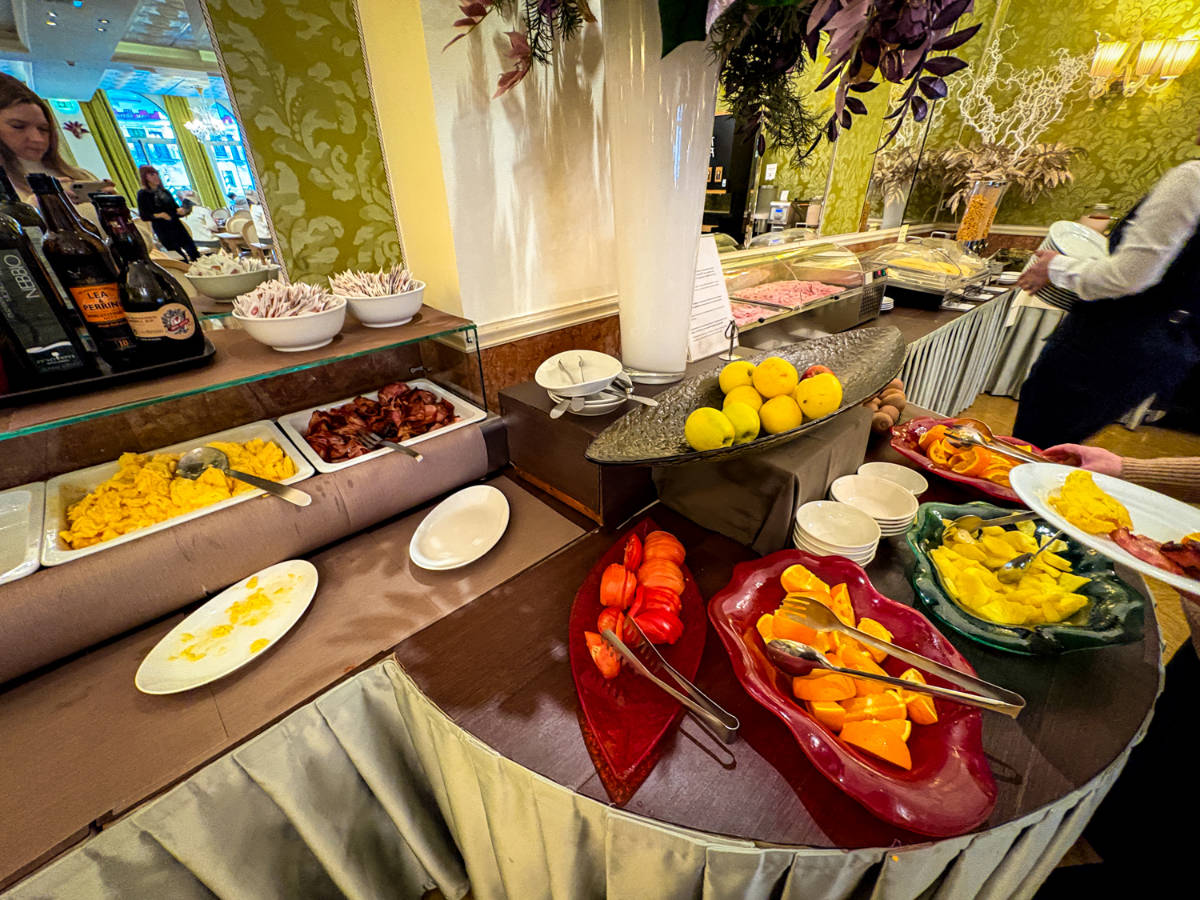 Different kinds of foods at the breakfast buffet in Hotel Principe