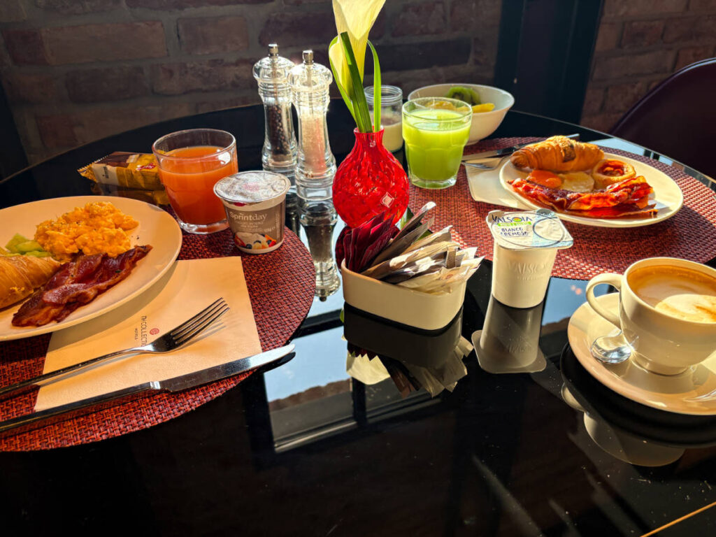 Closeup look of the food and coffee on the breakfast table