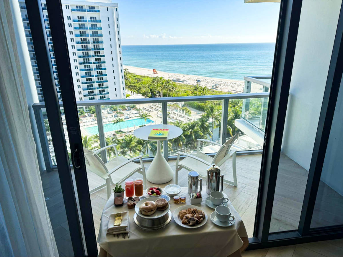 The breakfast spread inside the room with overlooking view at the W South Beach