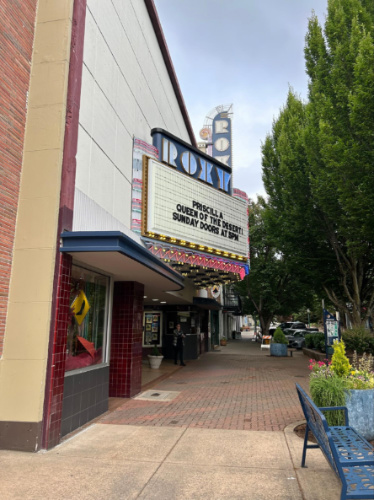 View of the signage of Bremerton’s Roxy Theatre from the outside