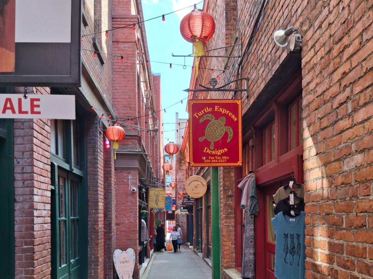 View of the brick walled buildings along the Fan Tan Alley