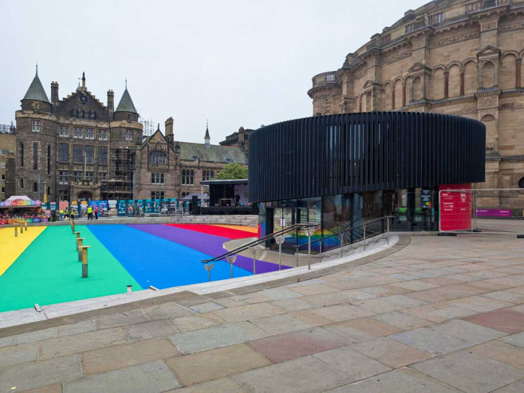 View of the rainbow colored ground at the Bristo Square