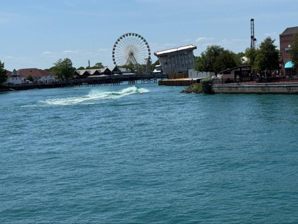 View of the ferries wheel and shops at Broadway at the Beach