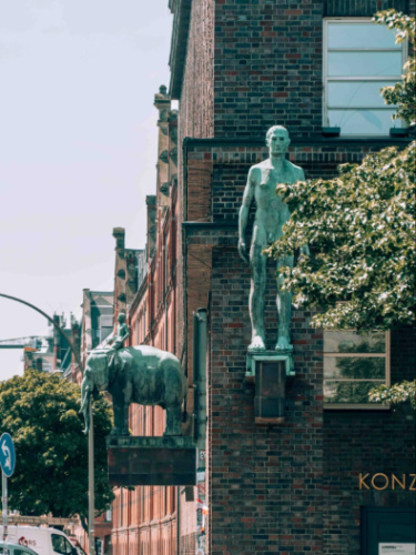 Closeup look of the bronze sculptures outside the building
