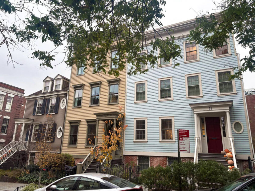 View of the colorful Brooklyn rowhouses