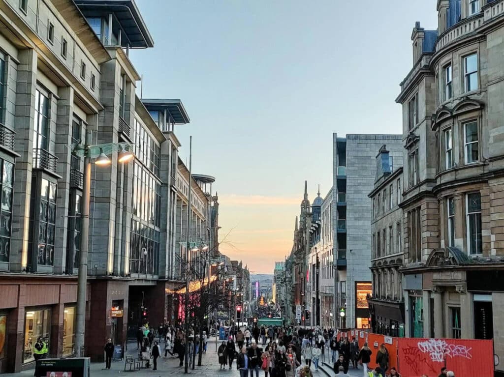 View of people and stores at the Buchanan Street