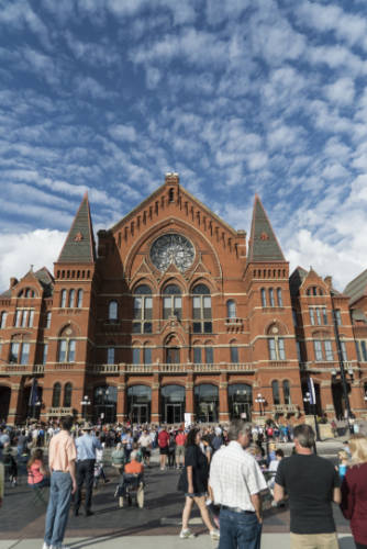 People outside the Cincinnati Music Hall building