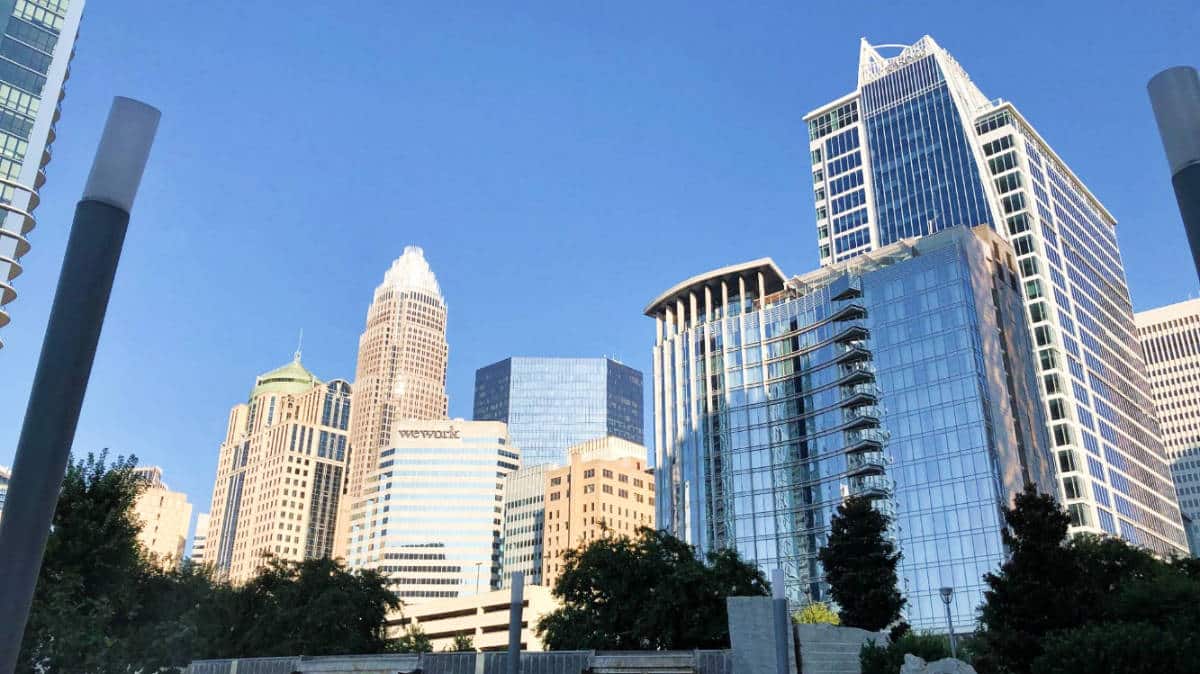 Clear blue sky over the buildings in Charlotte, North Carolina