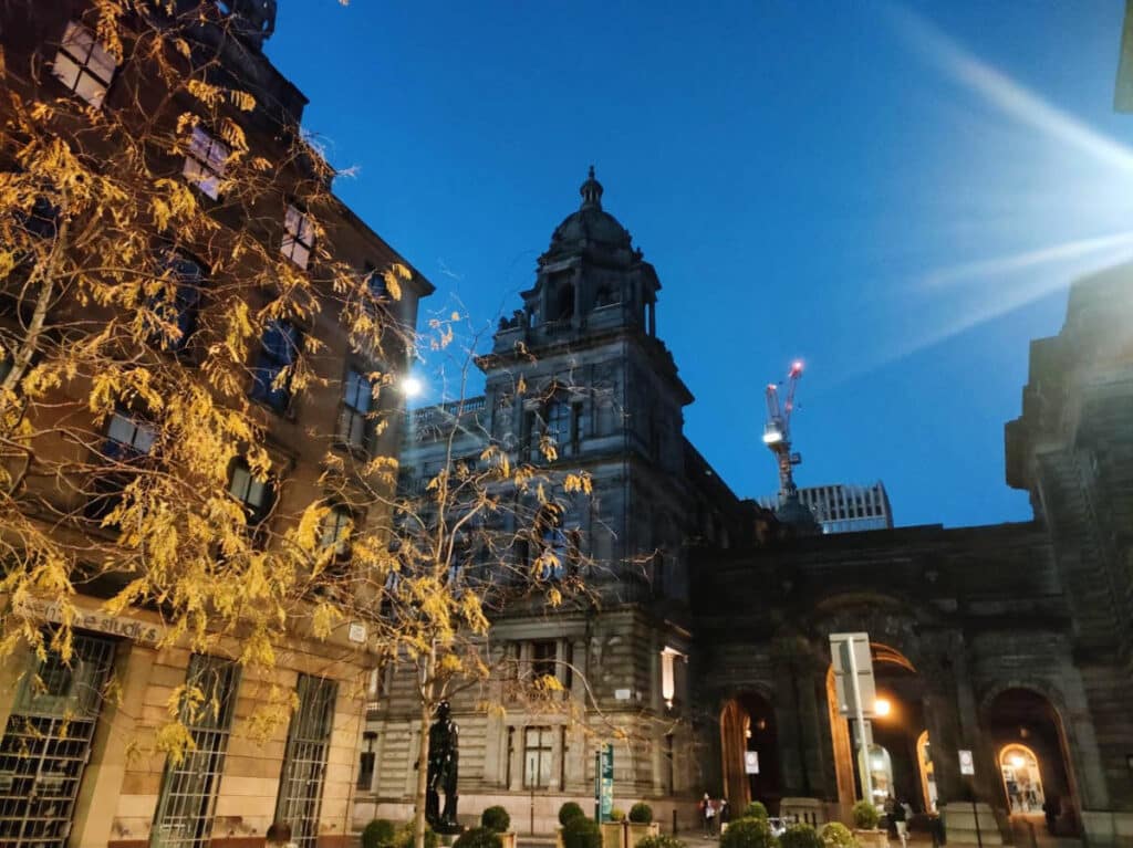 View of buildings in Merchant City at night