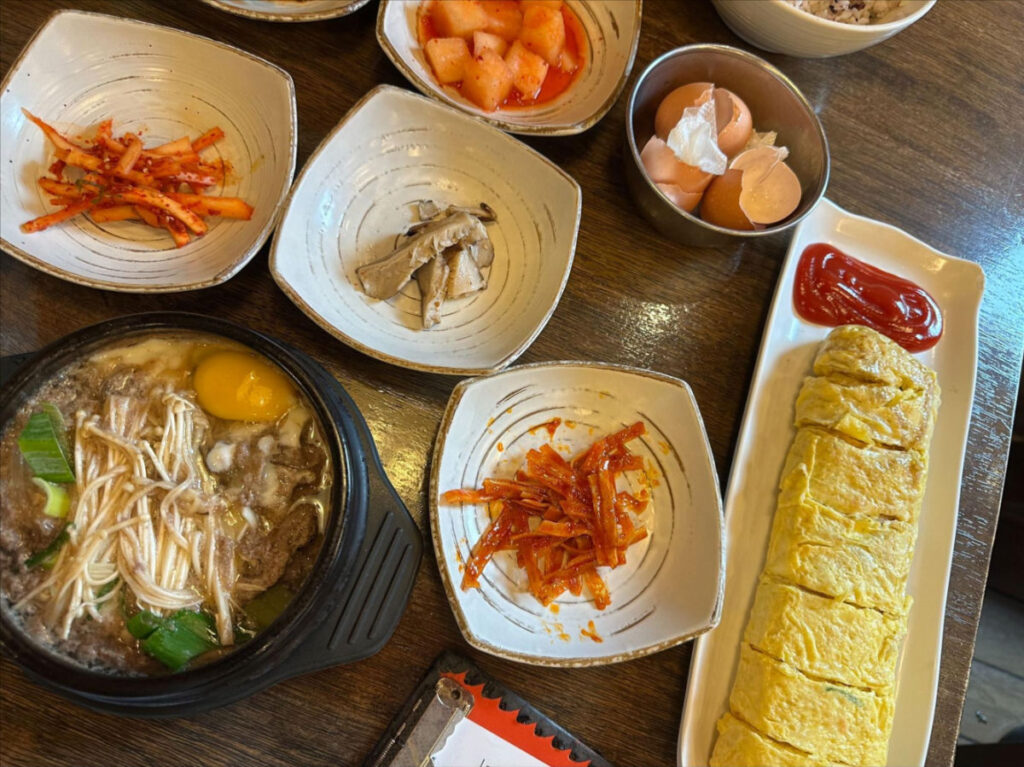 View of a typical bulgogi meal on a table