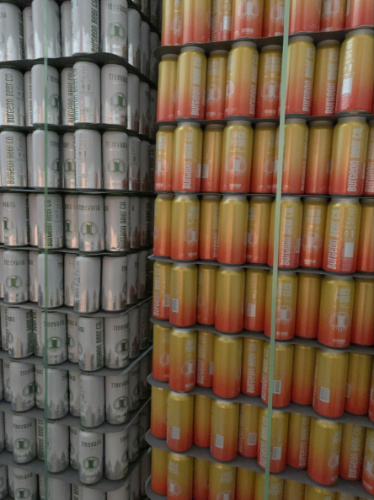 View of the stacked cans of Burgeon Beer
