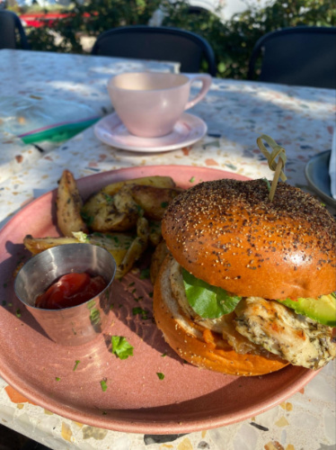 A plate with burger and chips