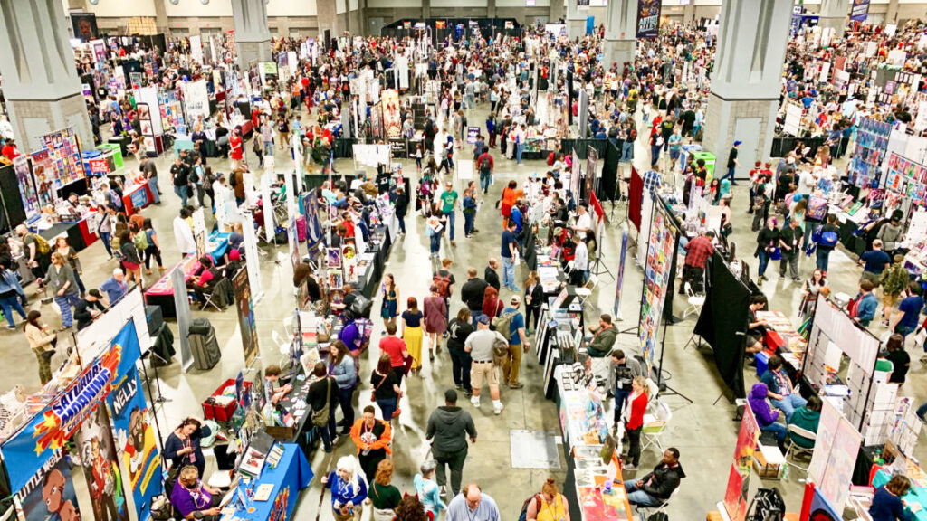 Aerial view of the bustling exhibit floor in Washington