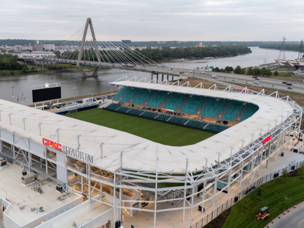 Aerial view of the CPKC Stadium and the bridge behind