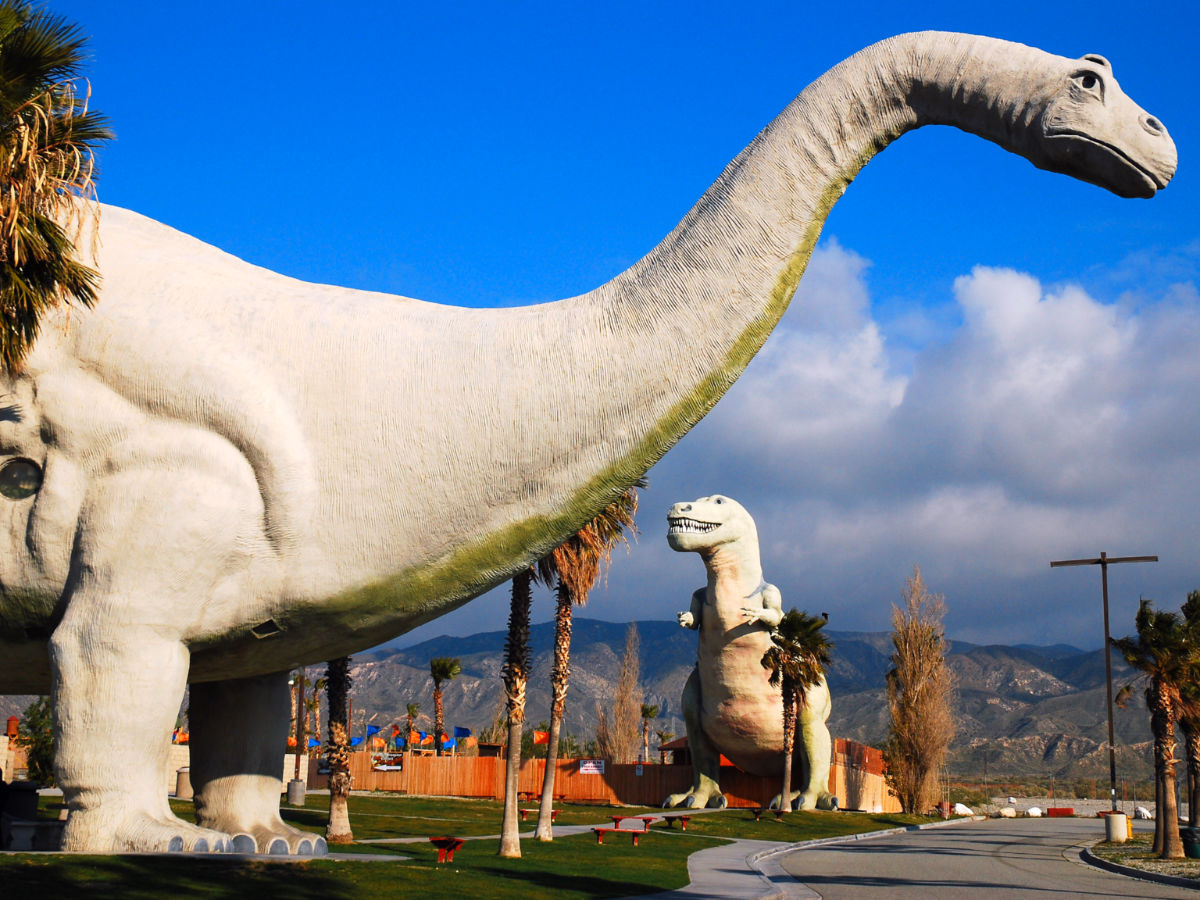 Giant dinosaurs roam the grounds just off the interstate in Cabazon, California