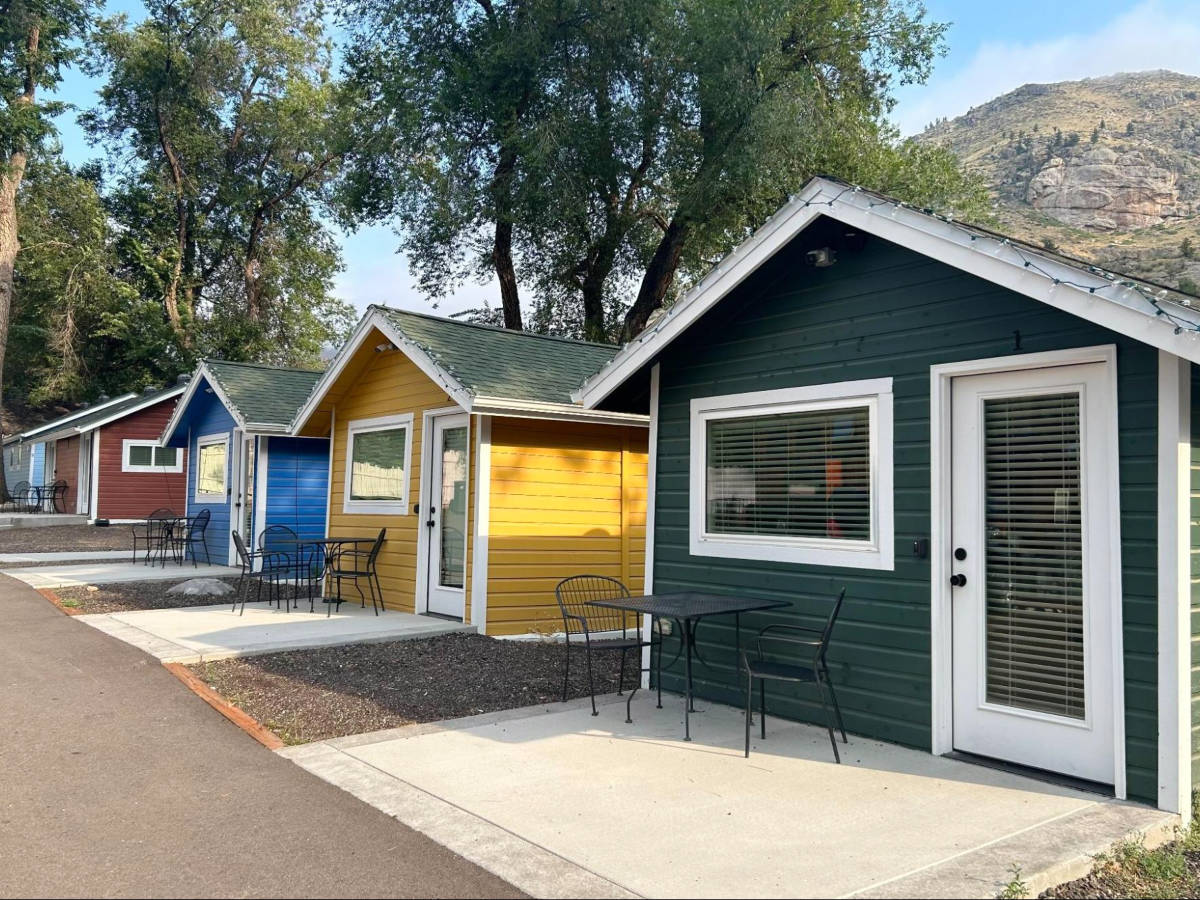 View of the lined colorful cabins at Riverside Colorado