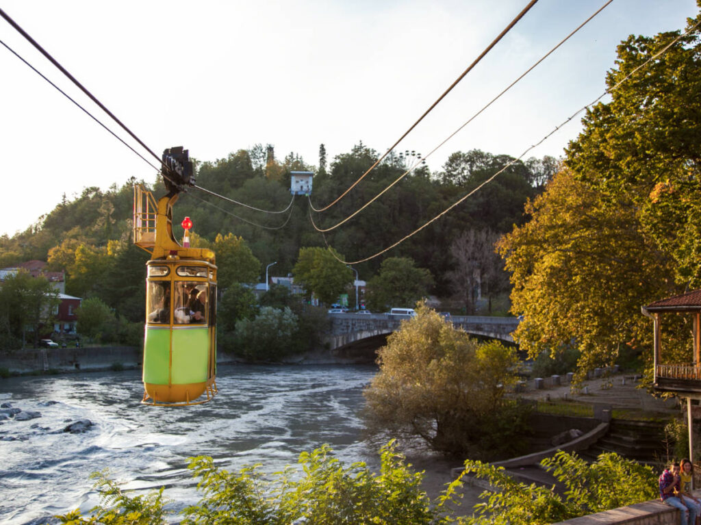 A cable car crossing over the Rioni River in Kutaisi