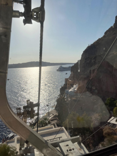 Overlooking view of Fira from the cable car
