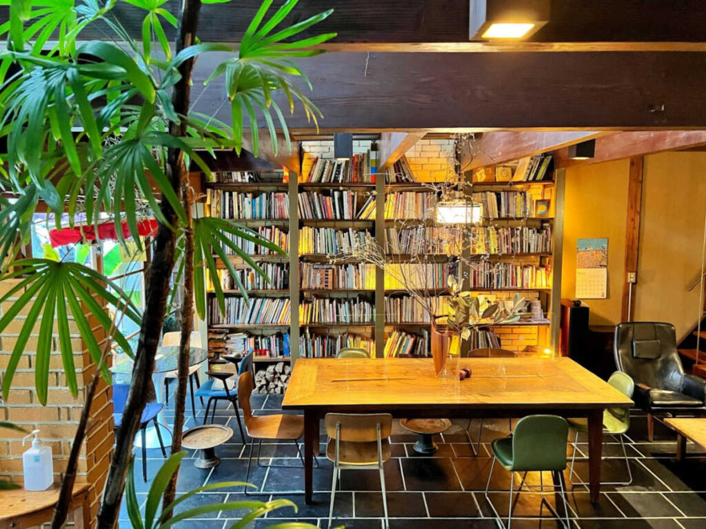 View of the book shelves in a homey interior of Cafe Bibliotic Hello!