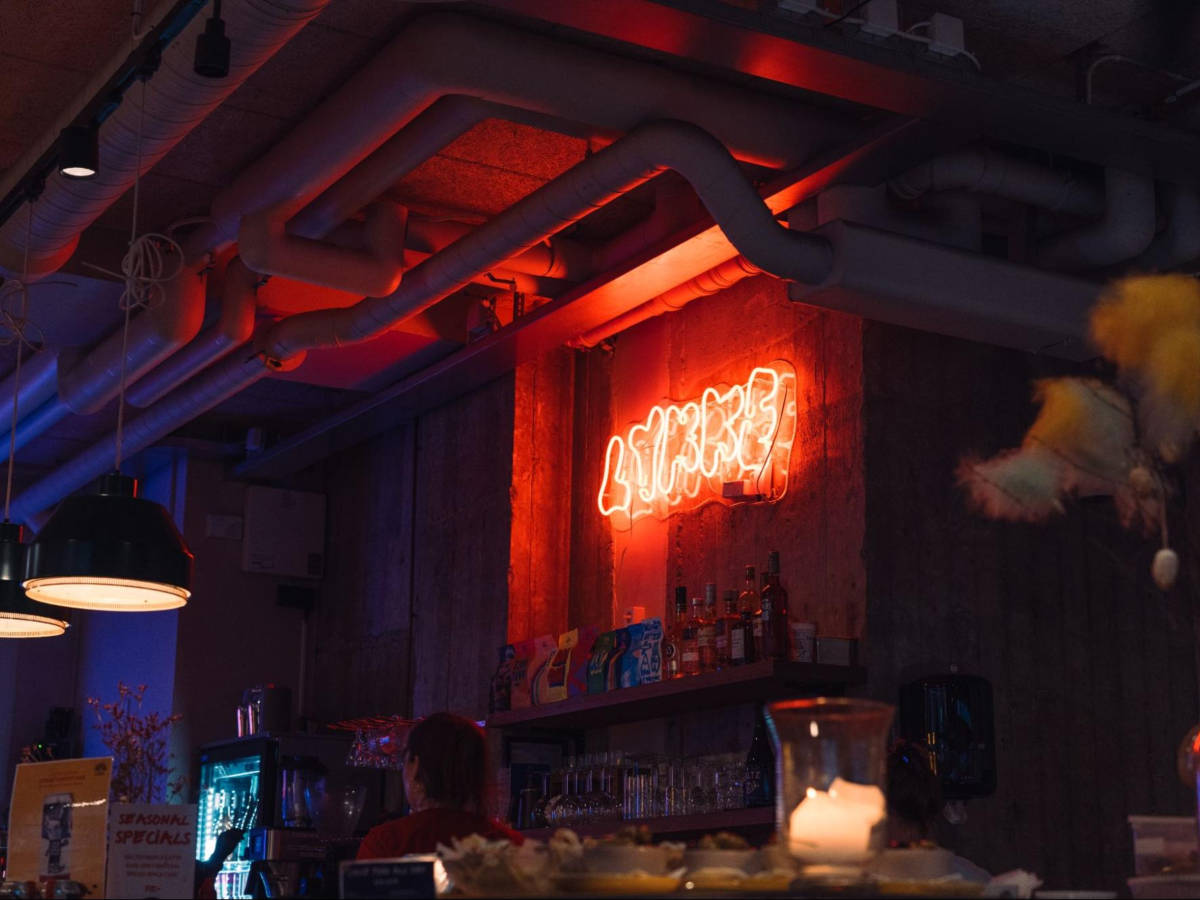 The neon signage in Café Lykke