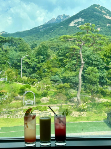 Three different drinks at the cafe window with mountain views