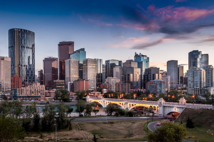 A shot of downtown Calgary as the sun sets