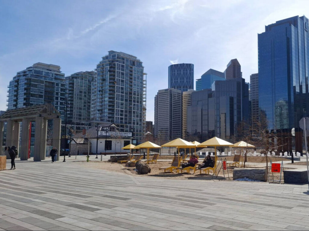 Panoramic view of the high rises from the urban beach in Eau Claire