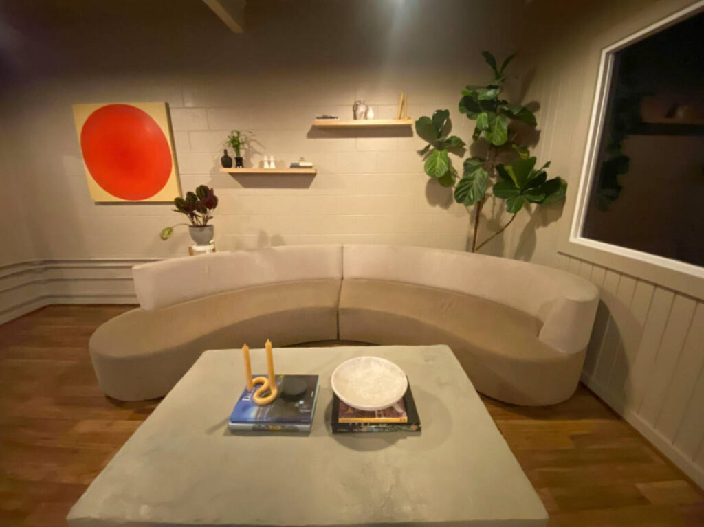 View of the cozy interior at the lobby of Calor Sauna Studios
