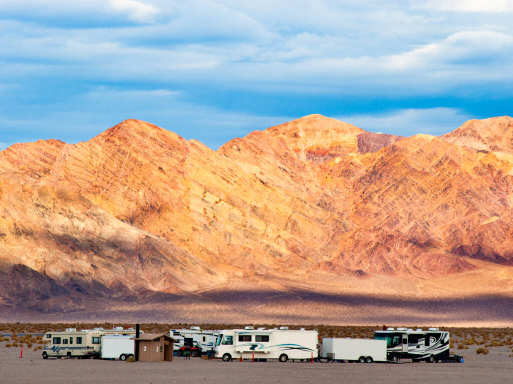 Panoramic view of the camper vans at the campground in Death Valley
