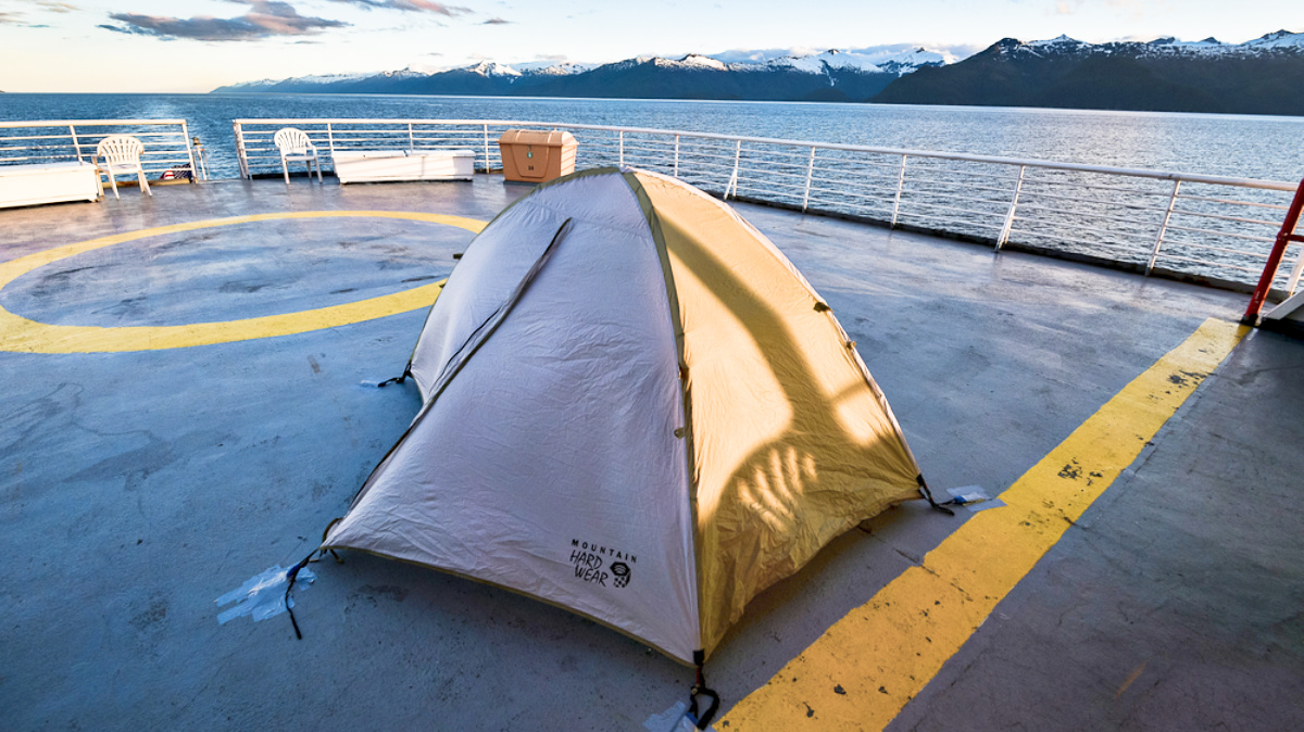 A camping tent on the deck of the ferry