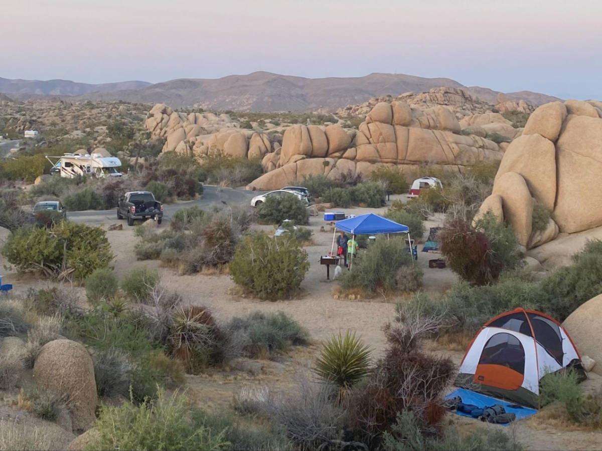 Overlooking view of the tents at the campsite at Jumbo Rocks