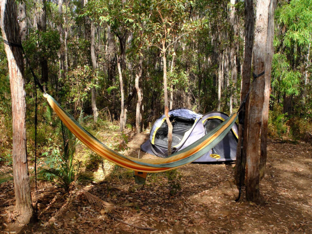 A hammock between the trees at the campsite in Lane Poole Reserve