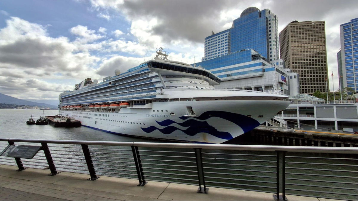 View of a Princess cruise ship docked at the Canada Place Cruise Terminal