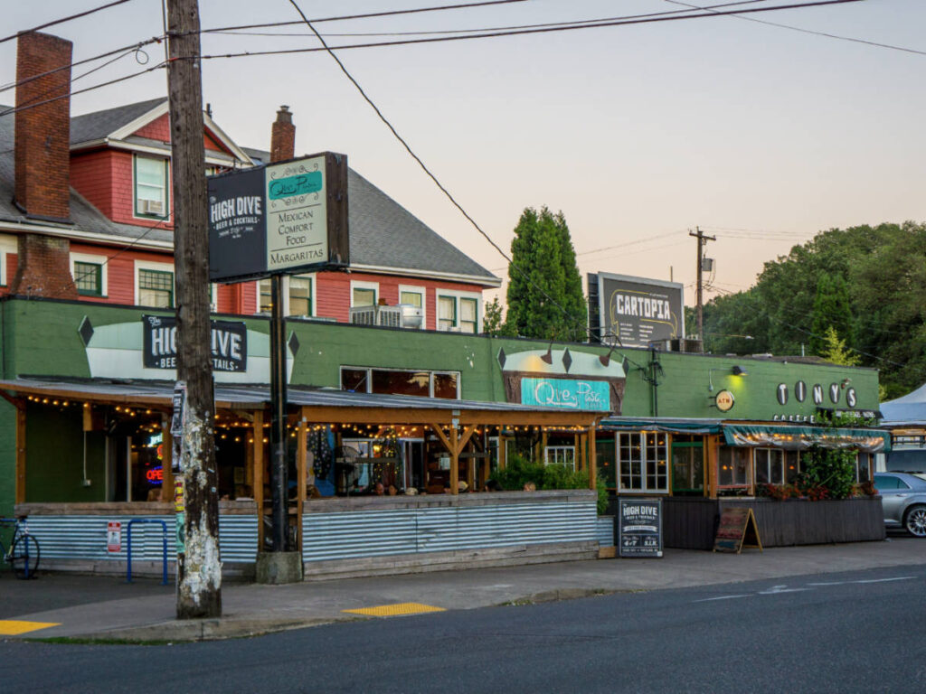 View of the exterior of Cartopeia Food Carts from across the street