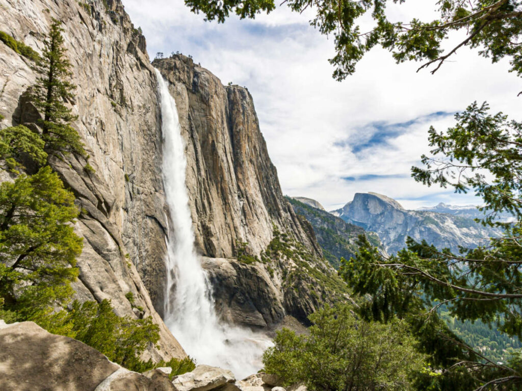 A waterfall cascades in the Yosemite National Park