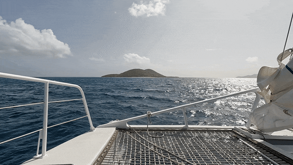 A catamaran sailing to Buck Island