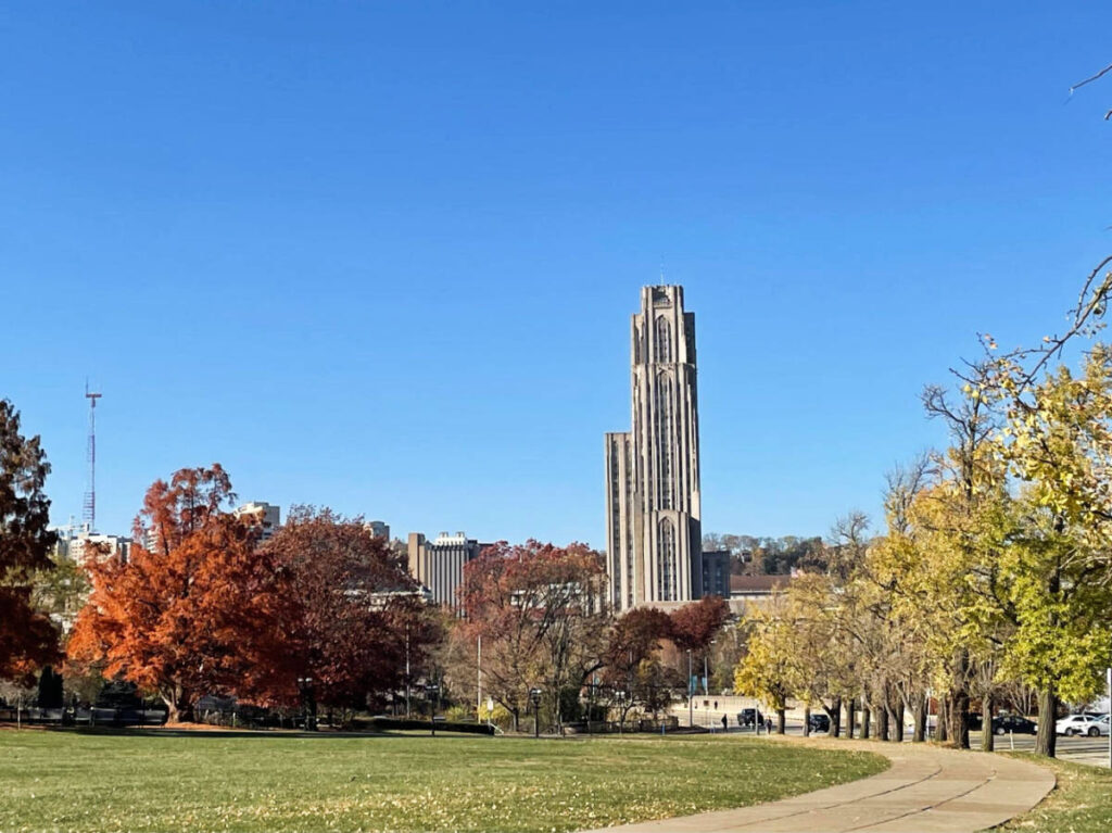 Clear blue sky over the Cathedral of Learning