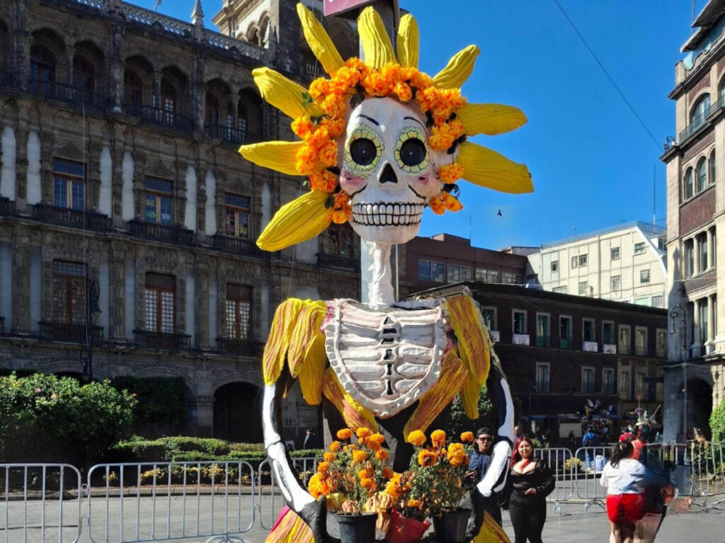 A huge and colorful Catrinas with marigolds in the Zócalo