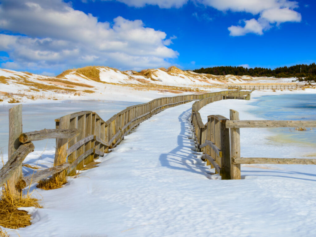 Frozen walkway at Cavendish beach during winter