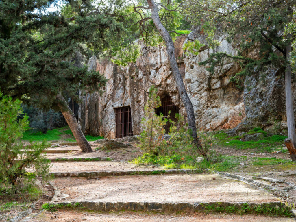 View of the hillside caves at the Prison of Socrates