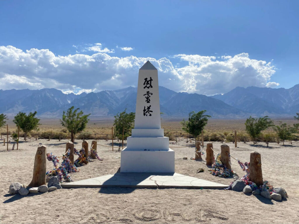 Panoramic view of the Eastern Sierra Nevada mountains behind the Cemetery Marker at Manzanar