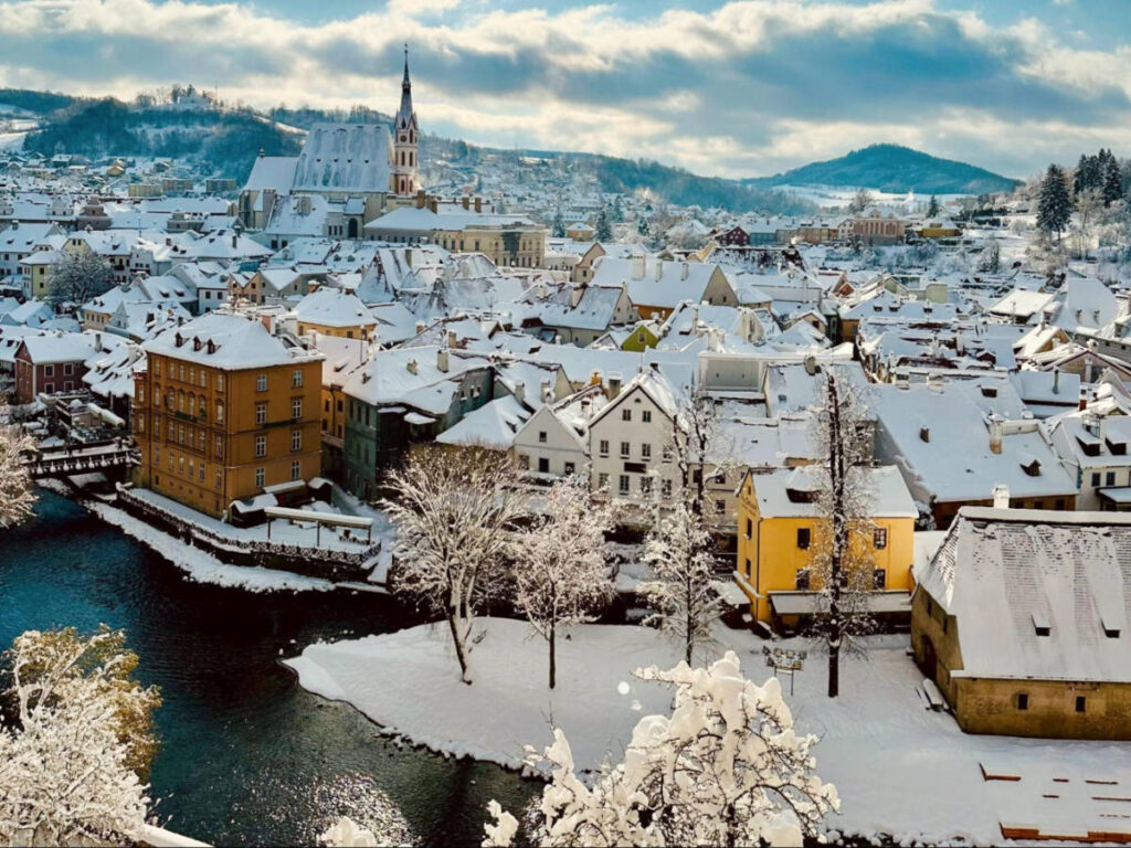 View of snowy rooftops from the castle in Český Krumlov