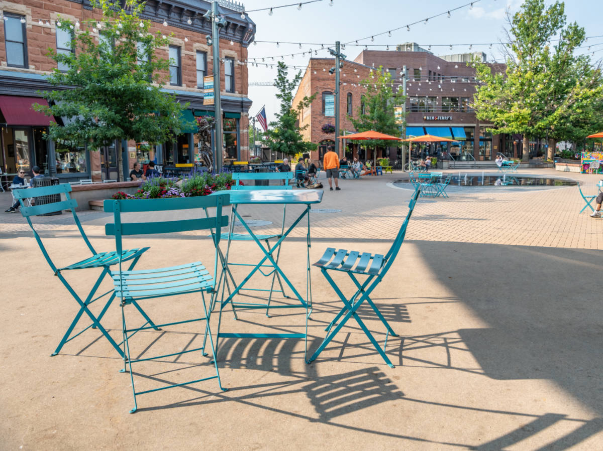 View of the empty chairs and people wandering around the Old Town Fort Collins