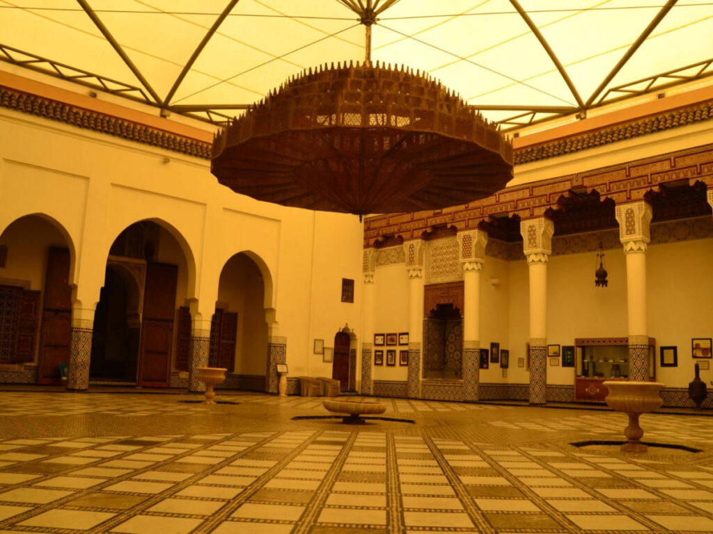 View of the huge chandelier in the middle of Museum of Marrakesh