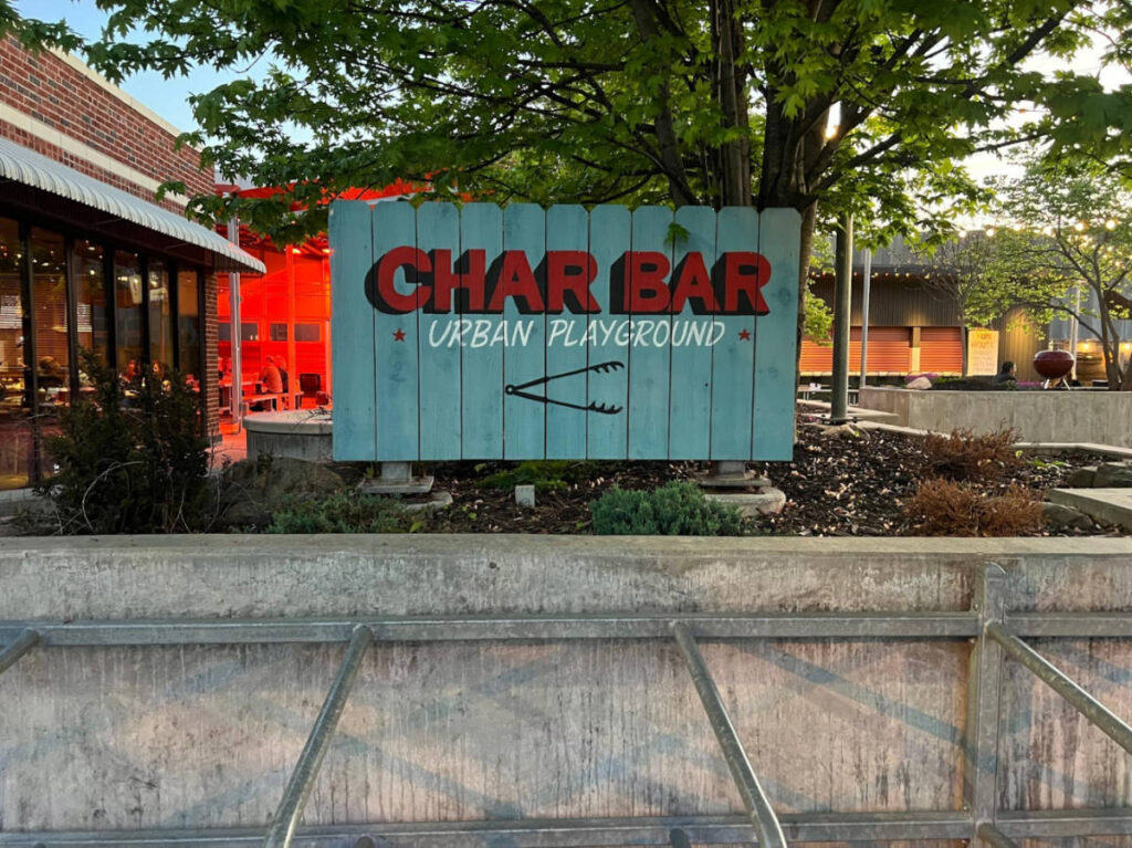 View of the signage of Char Bar at the patio