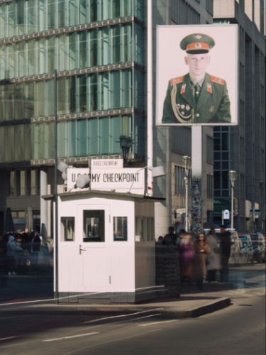 View of the huge portrait at the Checkpoint Charlie