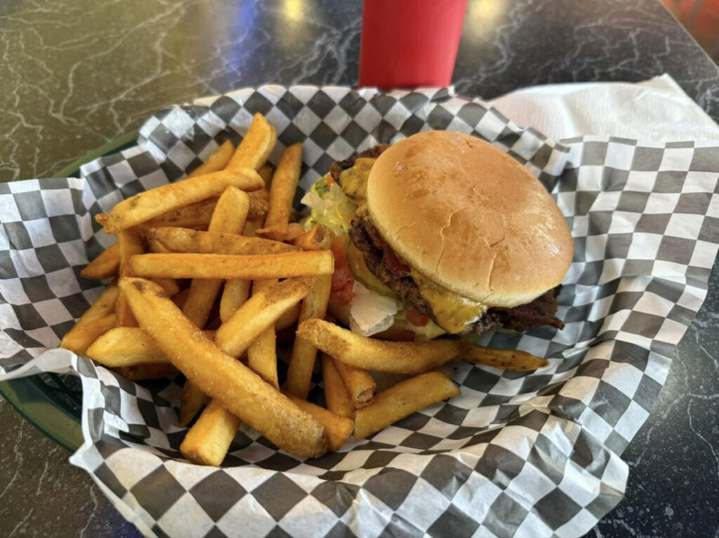 A burger meal served at Cheesy Jane’s