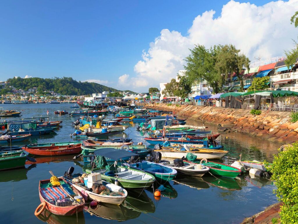 Small fishing boats docked at the harbour of Cheung Chau